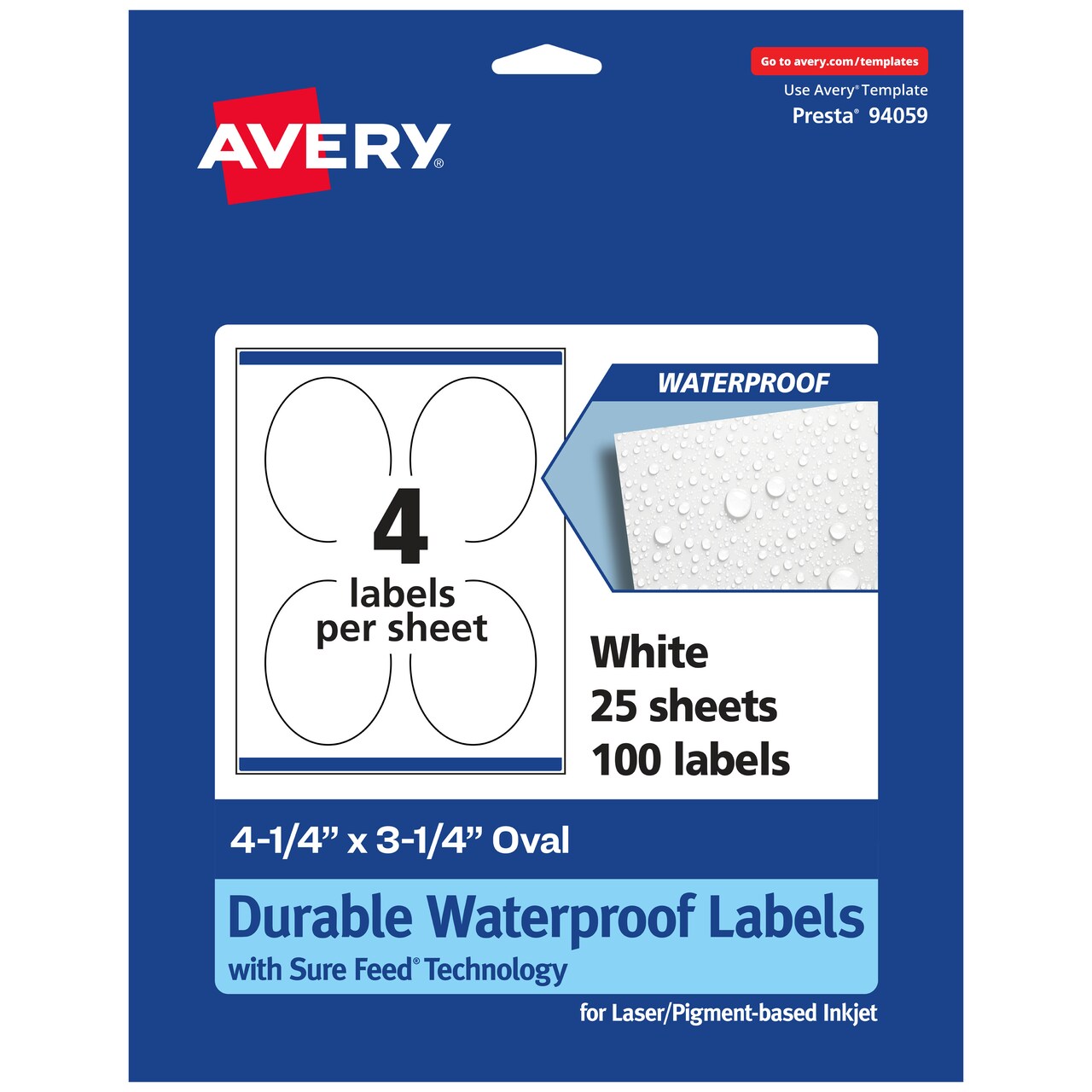 Avery Durable Waterproof Oval Labels with Sure Feed, 4.25 x 3.25